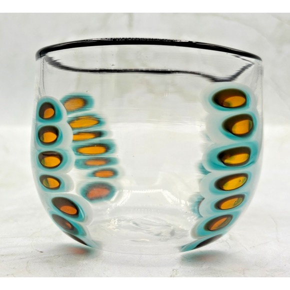 Hand Blown Art Glass Tumbler‎ Amber & Turquoise Oval Cane Design Artist Signe 04 - Picture 5 of 16